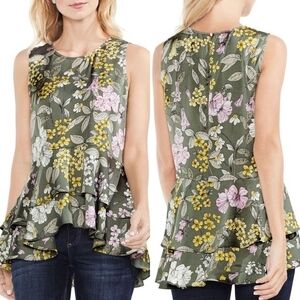 Vince Camuto Floral Olive Green Peplum Top Women's Size Large